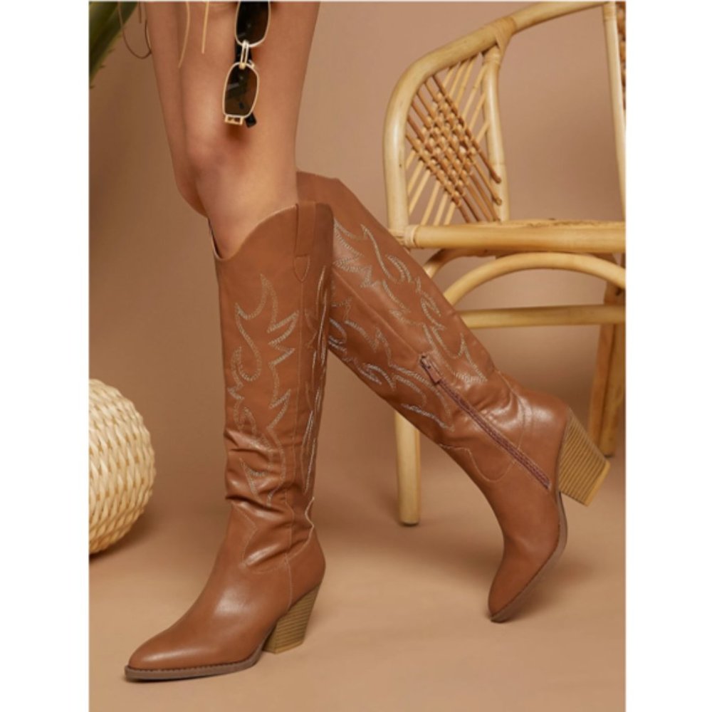 Knee High Contrast Embroidered Cowboy Boots Size 7 Brand New